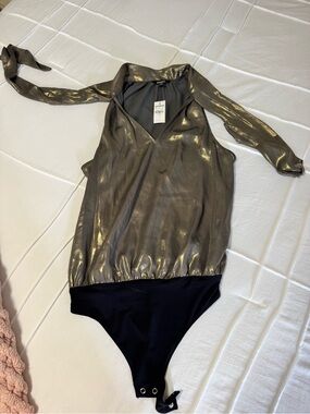 Express Metallic Gold Halter Bodysuit One-Piece